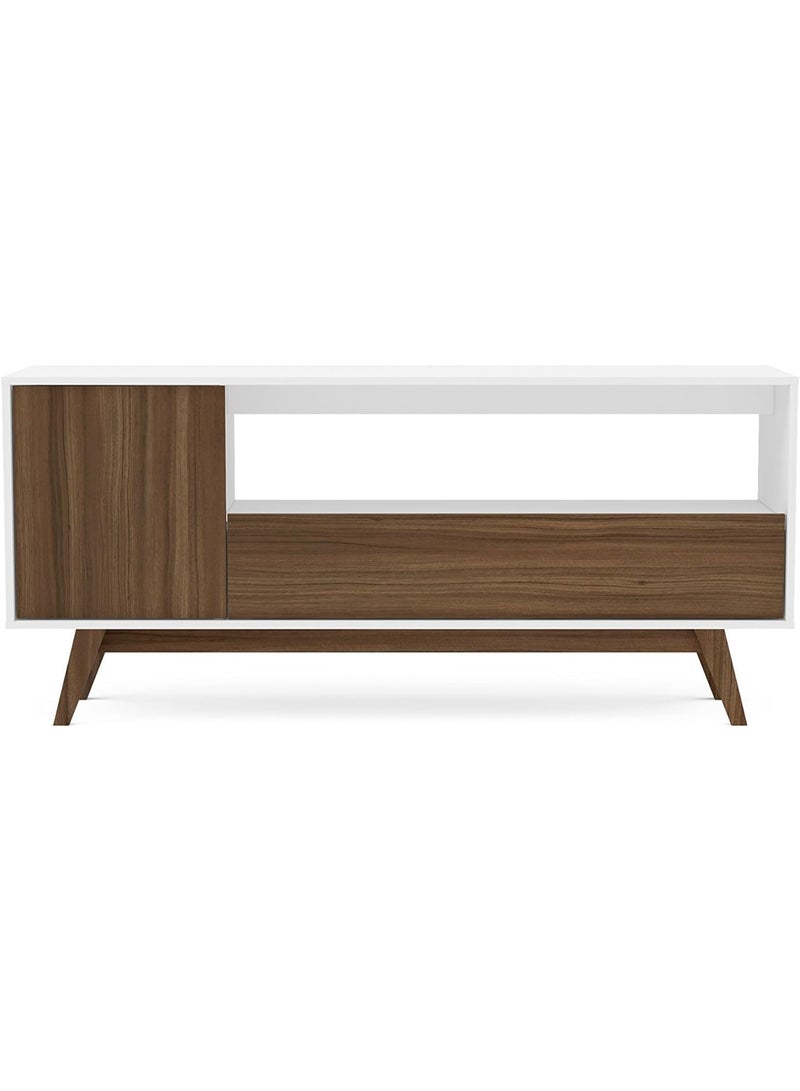 Polifurniture Porto Seguro 59" TV Stand, One Door & One Drawer, White/Brown Walnut - Image 1